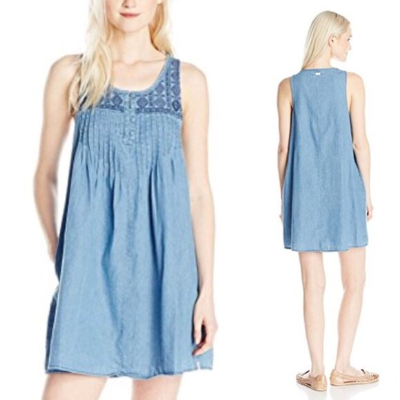🌻 VOLCOM Cham Hey Chambray Denim Embroidered Mini Dress Medium - Picture 9 of 9